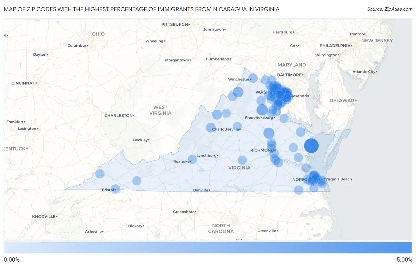 Zip Codes with the Highest Percentage of Immigrants from Nicaragua in Virginia Map