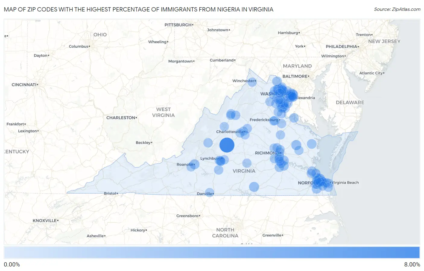 Zip Codes with the Highest Percentage of Immigrants from Nigeria in Virginia Map
