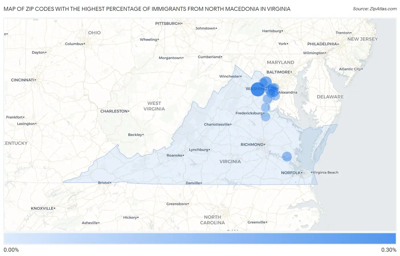 Zip Codes with the Highest Percentage of Immigrants from North Macedonia in Virginia Map