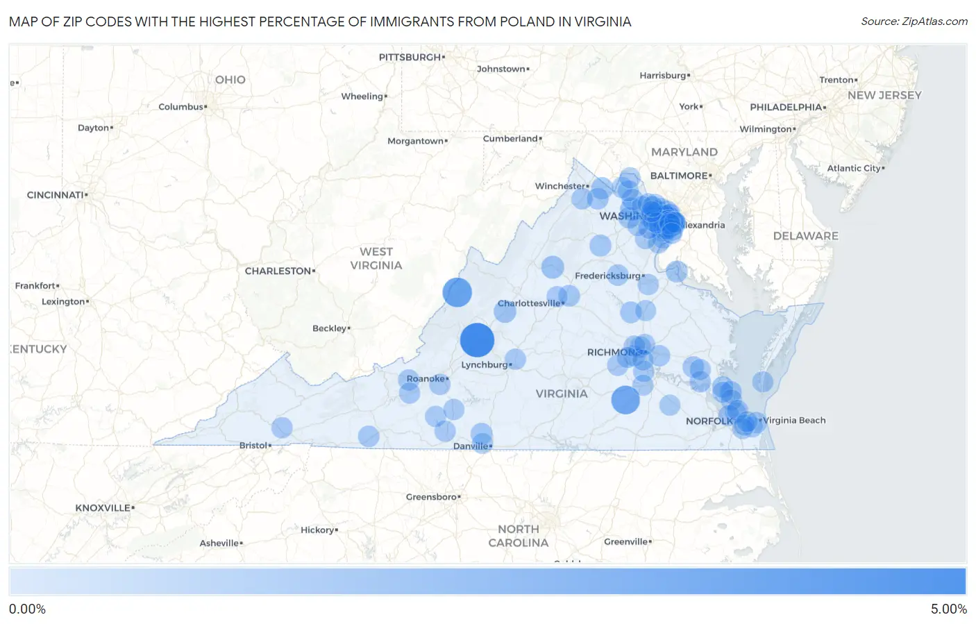 Zip Codes with the Highest Percentage of Immigrants from Poland in Virginia Map