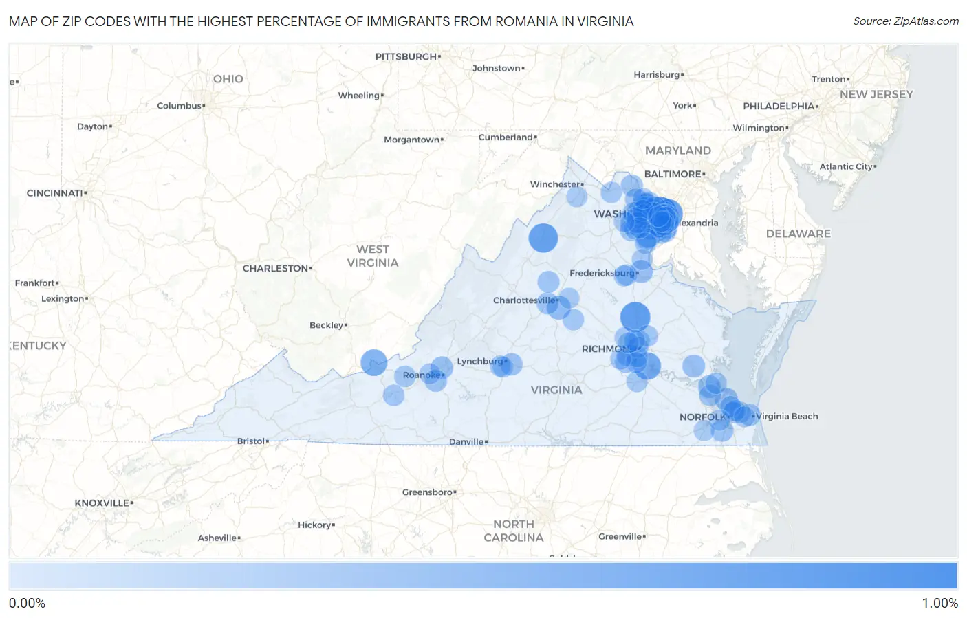 Zip Codes with the Highest Percentage of Immigrants from Romania in Virginia Map