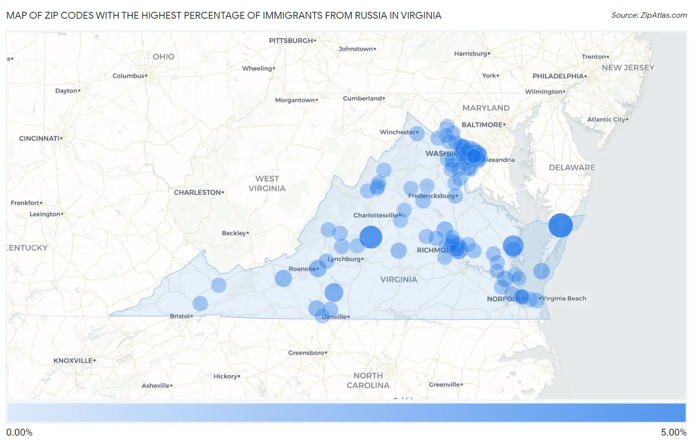 Zip Codes with the Highest Percentage of Immigrants from Russia in Virginia Map