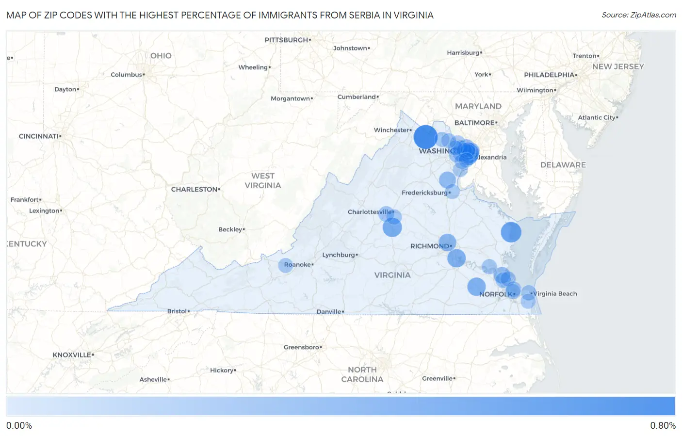 Zip Codes with the Highest Percentage of Immigrants from Serbia in Virginia Map