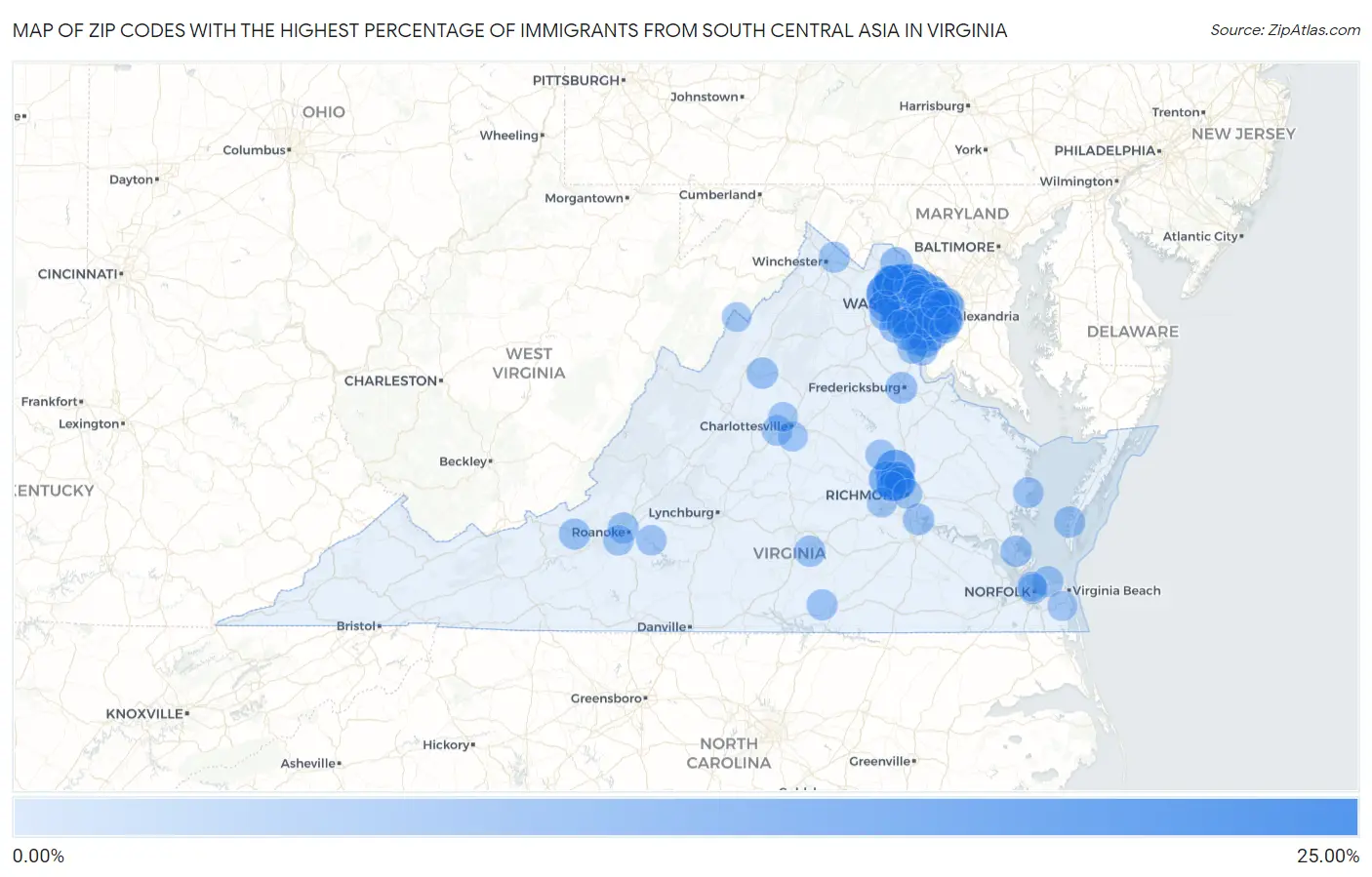 Zip Codes with the Highest Percentage of Immigrants from South Central Asia in Virginia Map