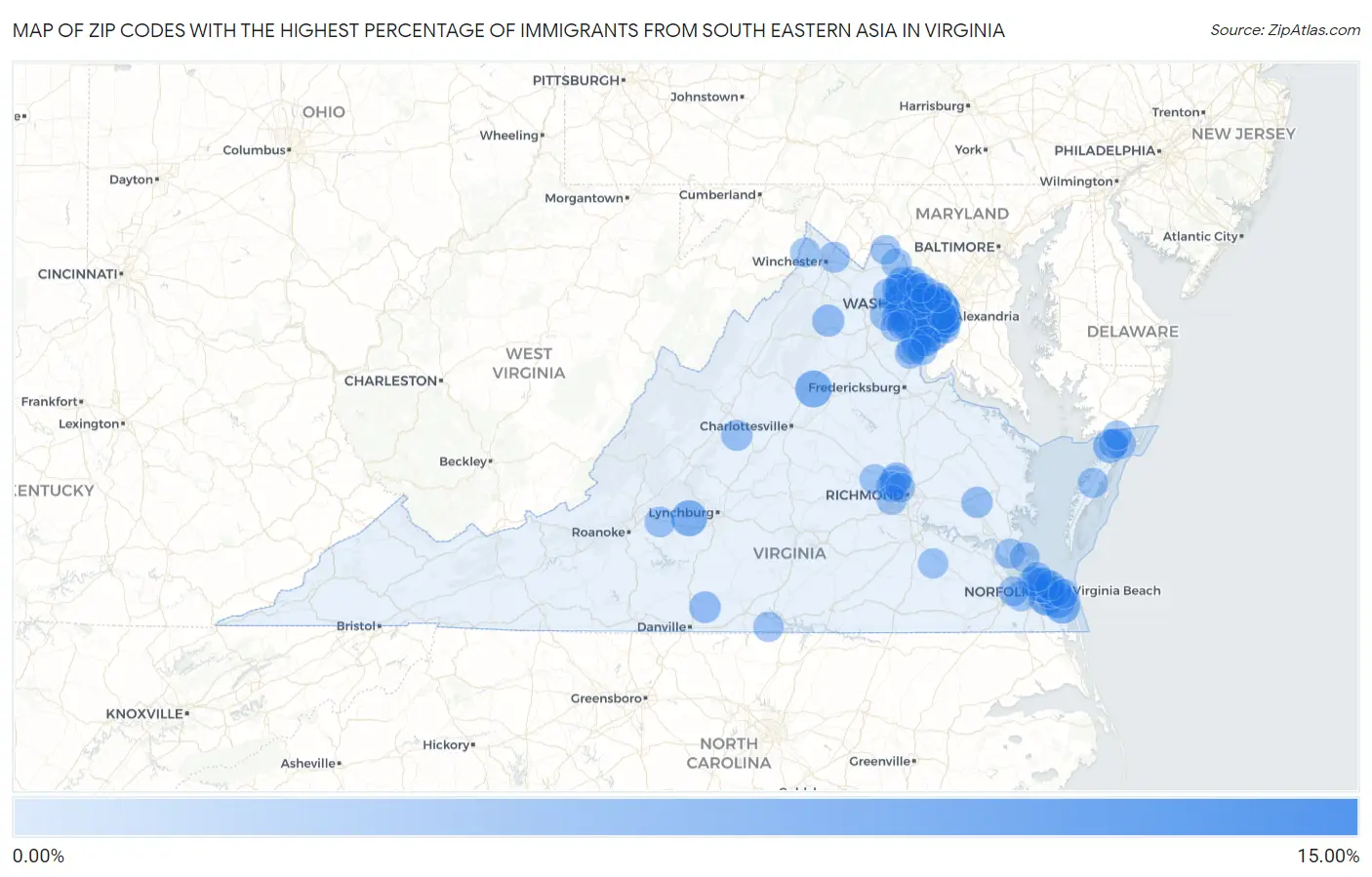 Zip Codes with the Highest Percentage of Immigrants from South Eastern Asia in Virginia Map