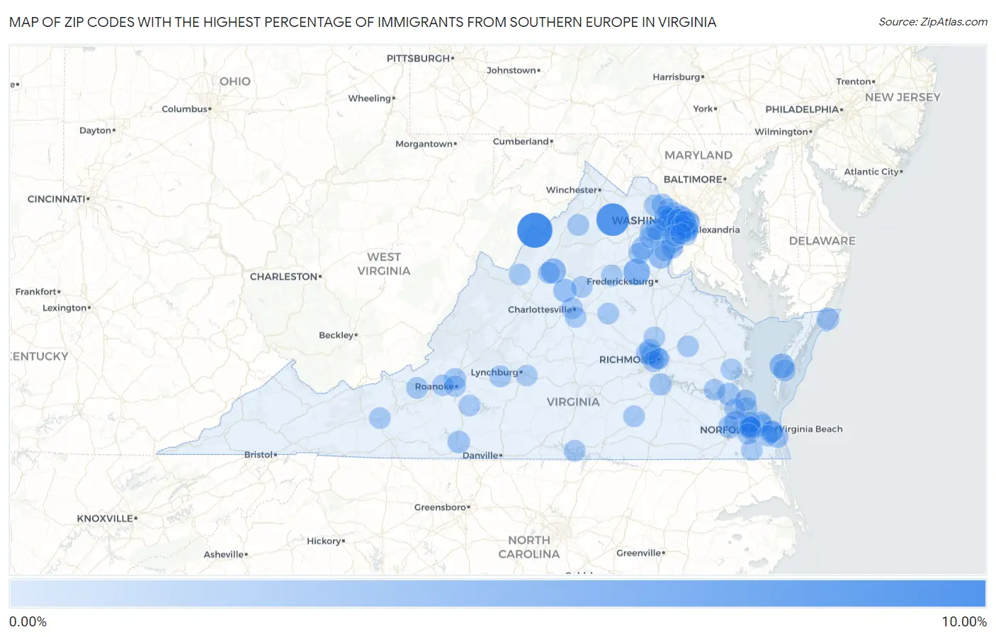 Zip Codes with the Highest Percentage of Immigrants from Southern Europe in Virginia Map