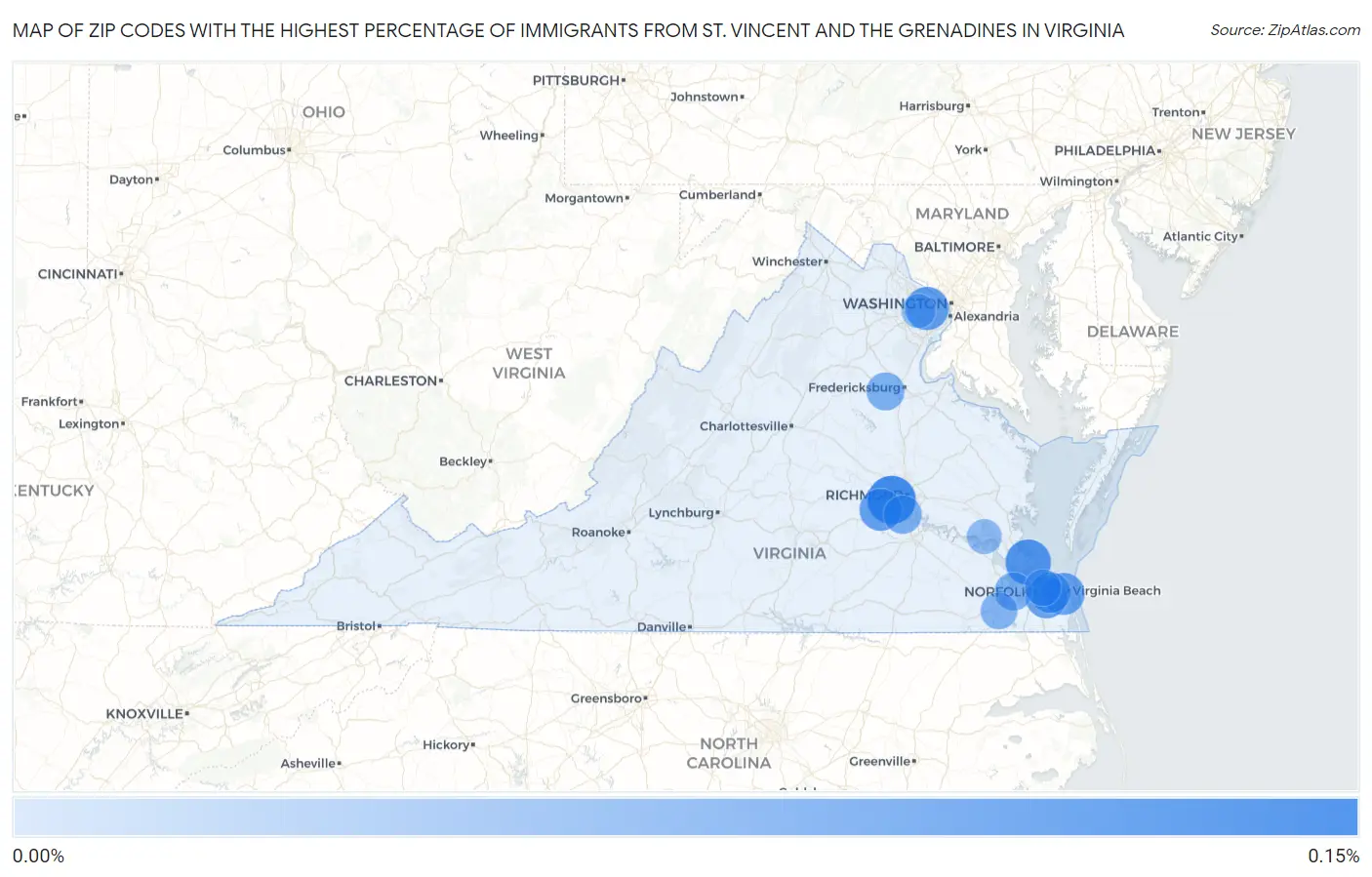 Zip Codes with the Highest Percentage of Immigrants from St. Vincent and the Grenadines in Virginia Map