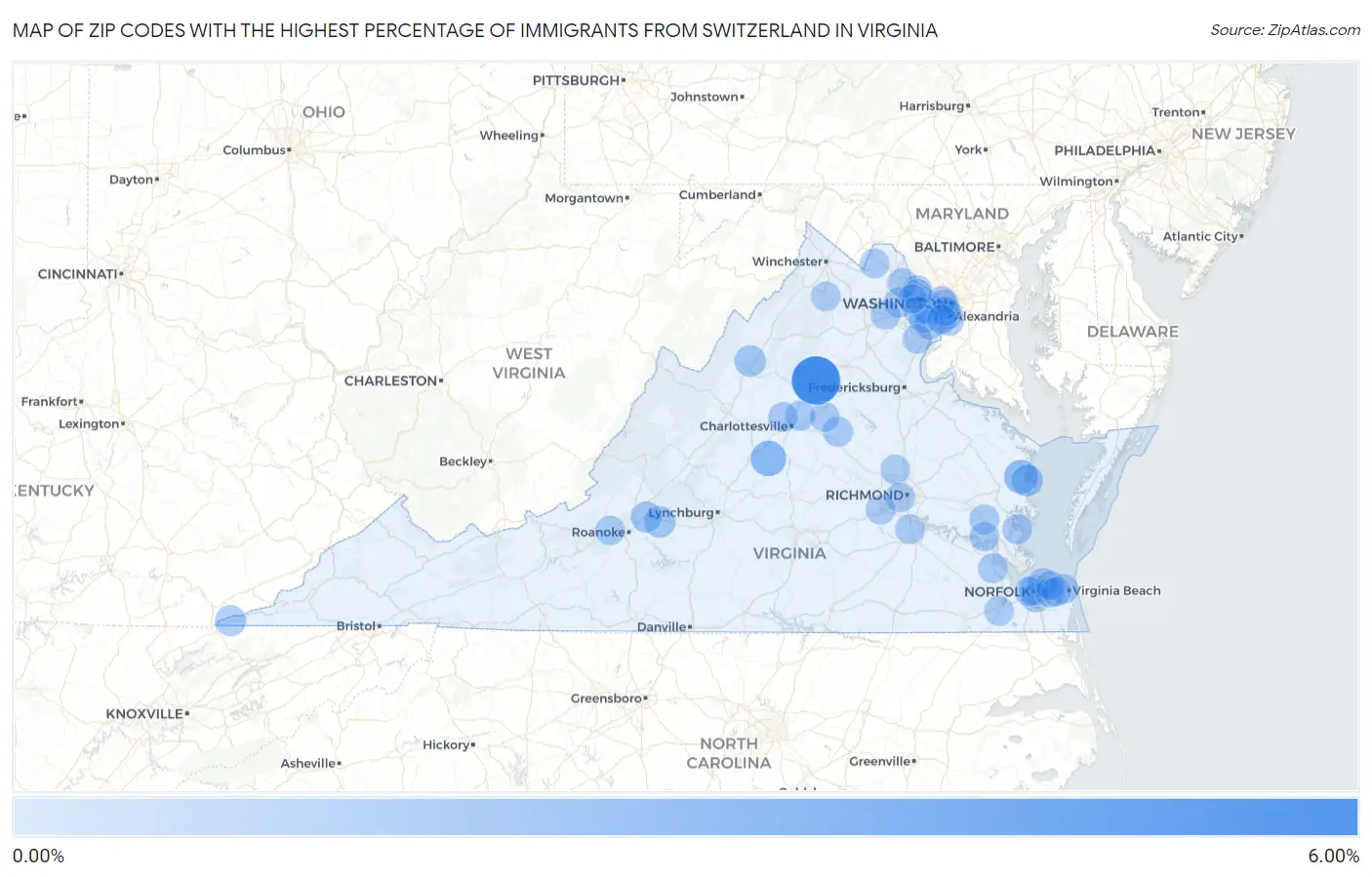 Zip Codes with the Highest Percentage of Immigrants from Switzerland in Virginia Map