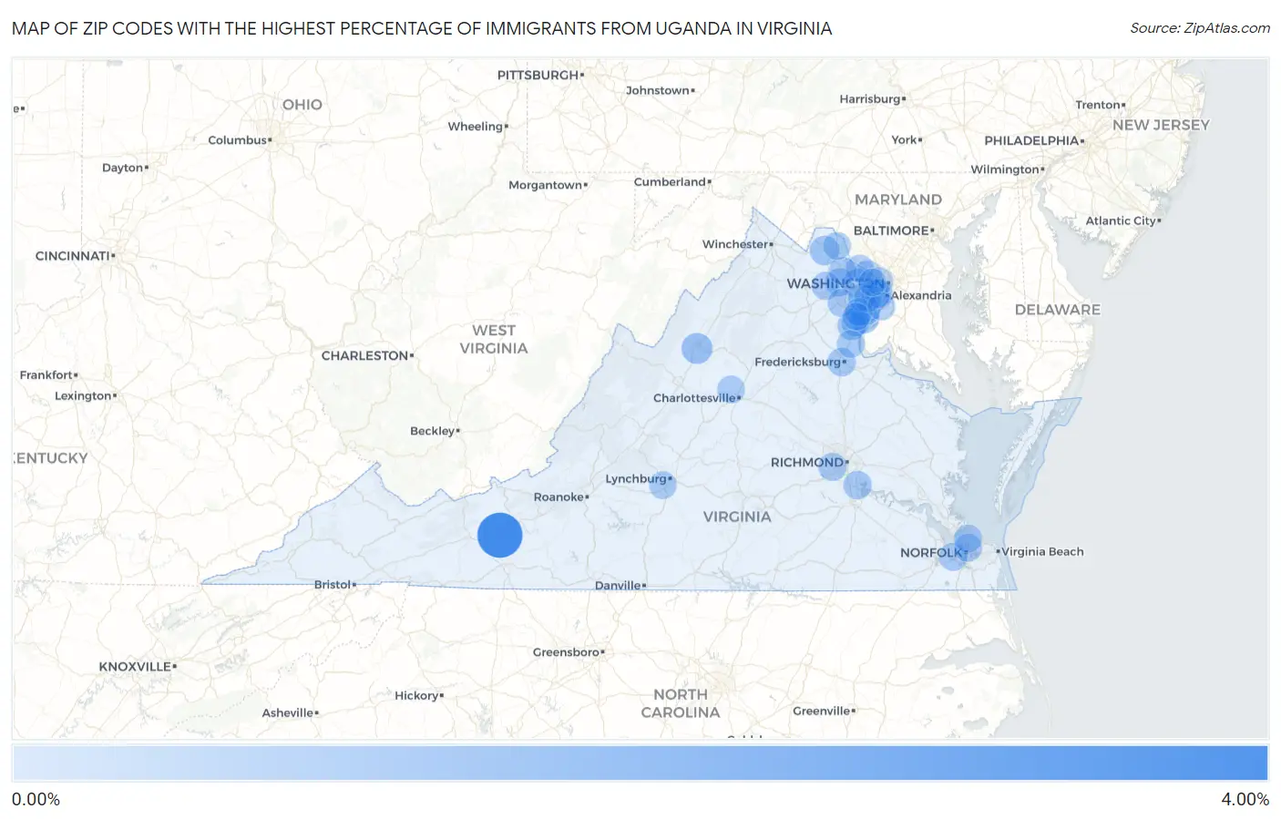 Zip Codes with the Highest Percentage of Immigrants from Uganda in Virginia Map