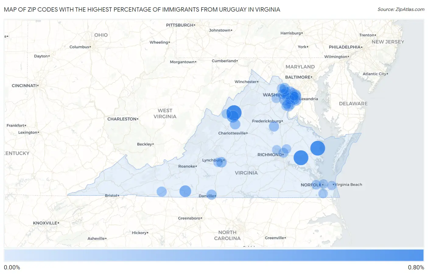 Zip Codes with the Highest Percentage of Immigrants from Uruguay in Virginia Map