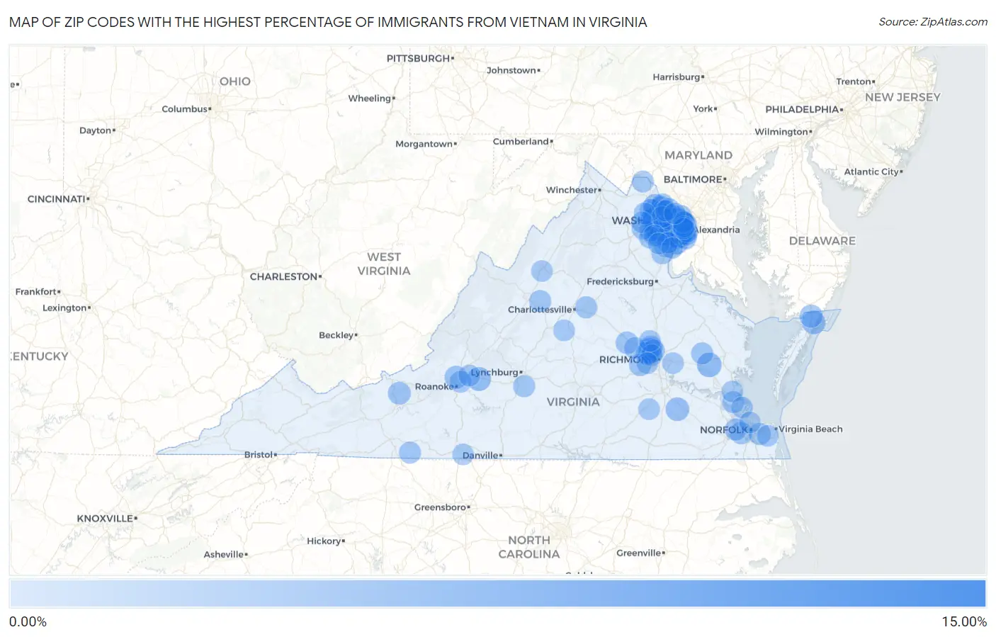 Zip Codes with the Highest Percentage of Immigrants from Vietnam in Virginia Map