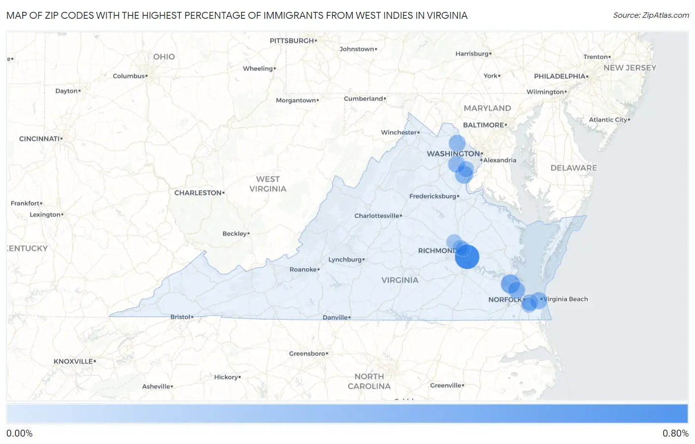 Zip Codes with the Highest Percentage of Immigrants from West Indies in Virginia Map