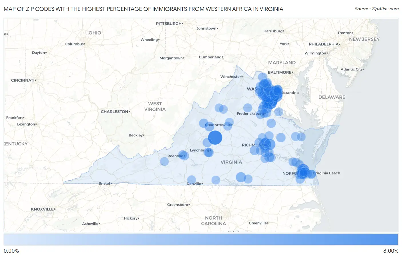 Zip Codes with the Highest Percentage of Immigrants from Western Africa in Virginia Map