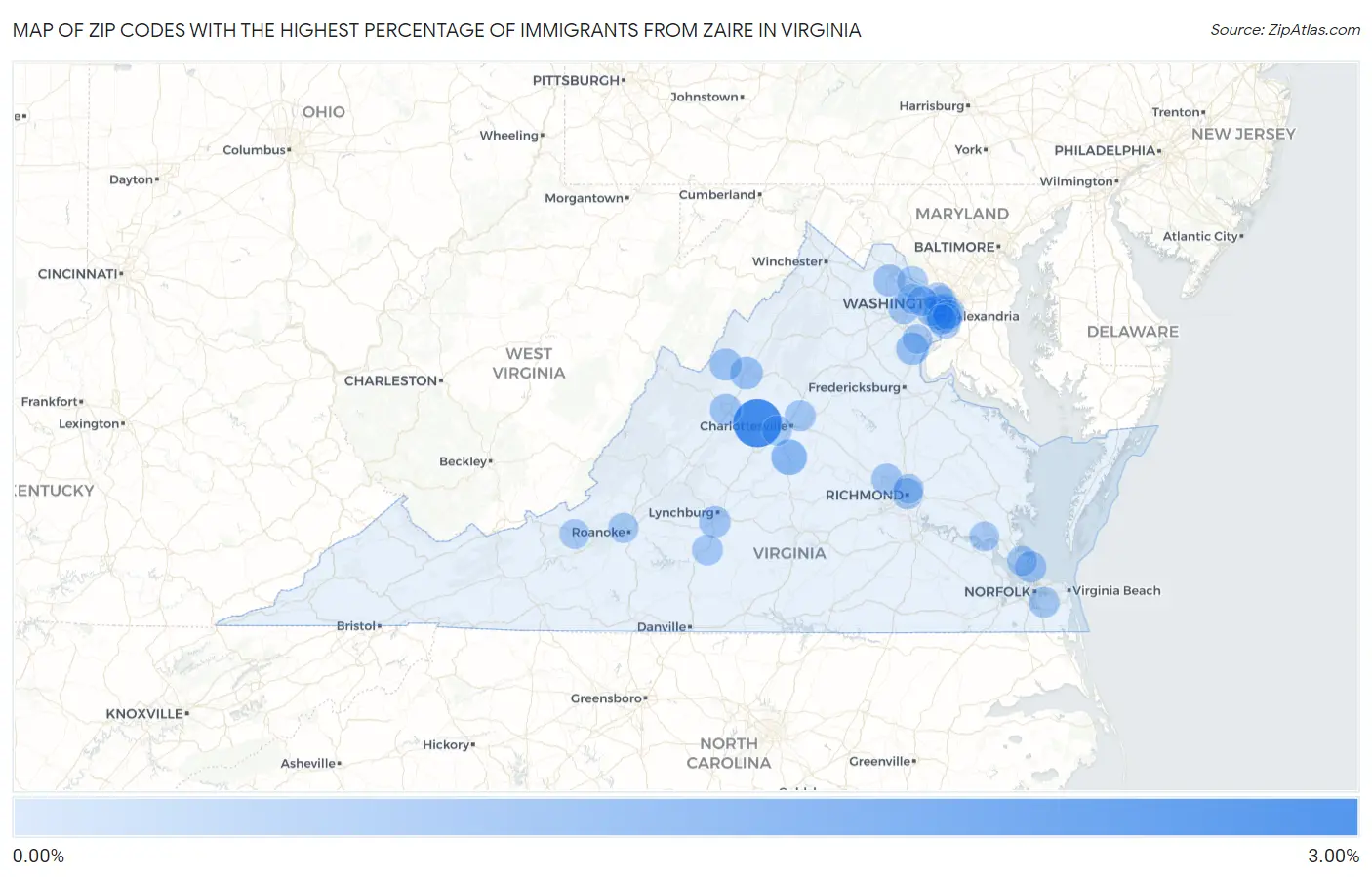Zip Codes with the Highest Percentage of Immigrants from Zaire in Virginia Map