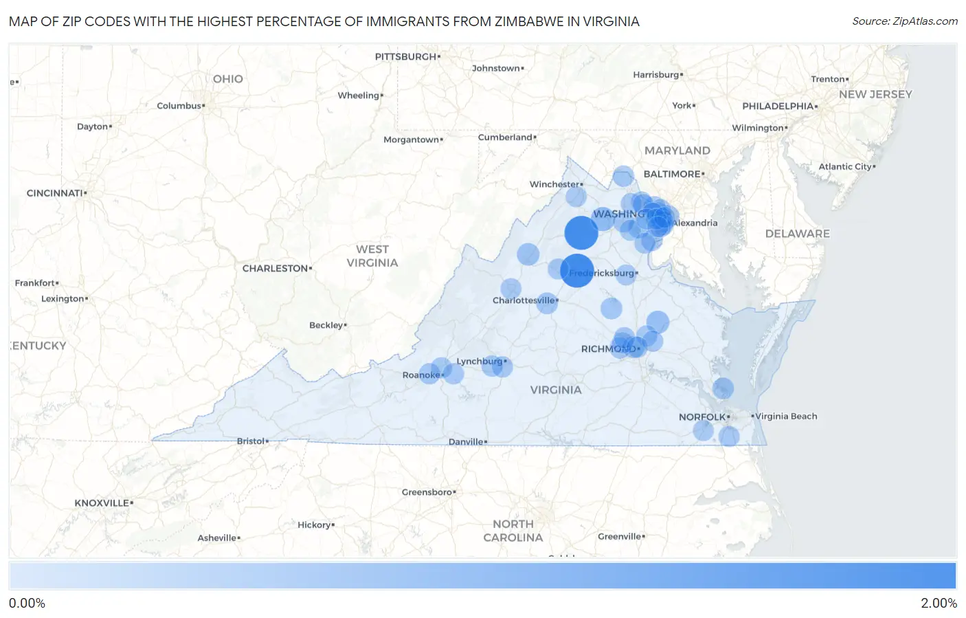 Zip Codes with the Highest Percentage of Immigrants from Zimbabwe in Virginia Map