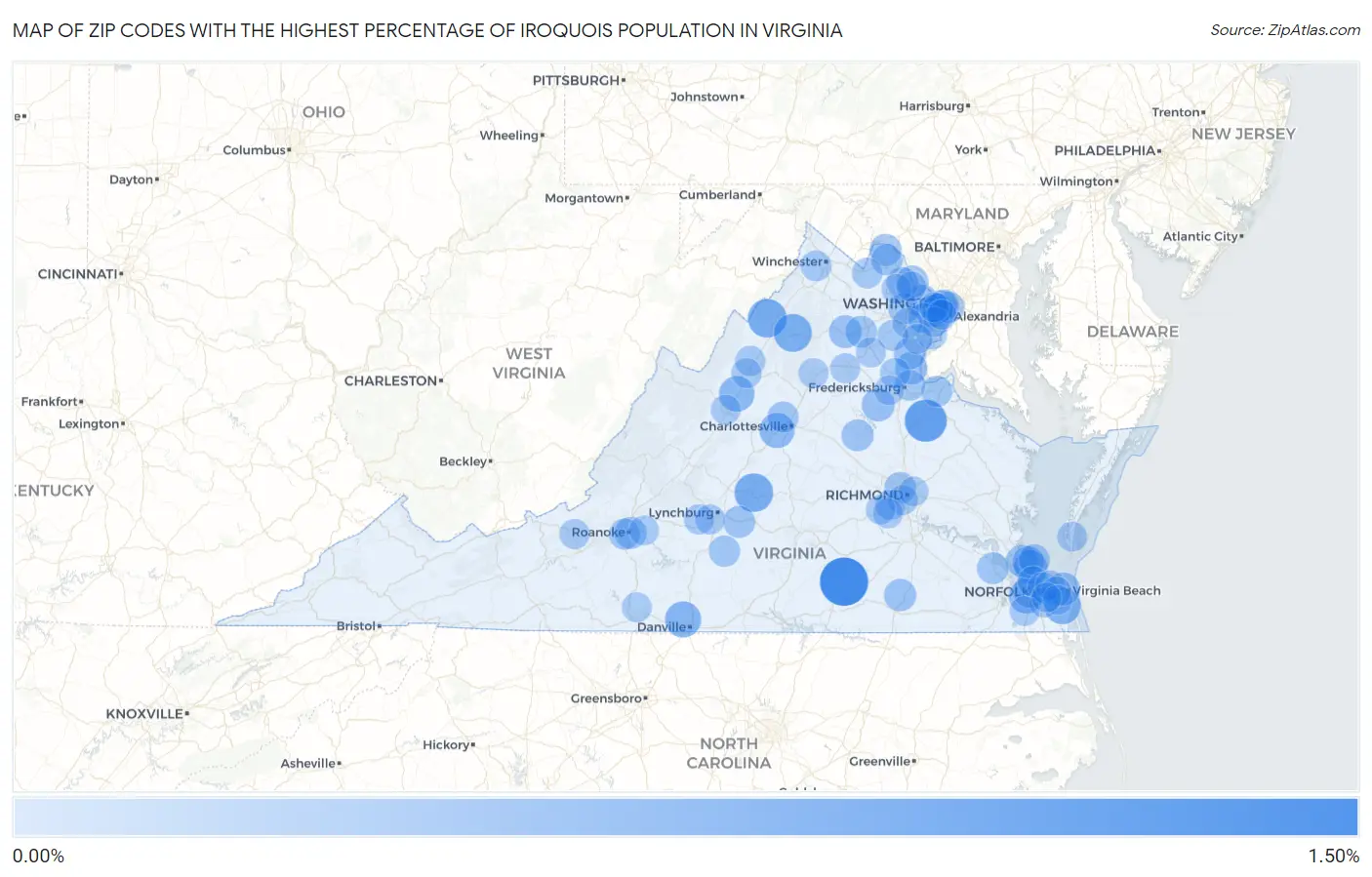 Zip Codes with the Highest Percentage of Iroquois Population in Virginia Map