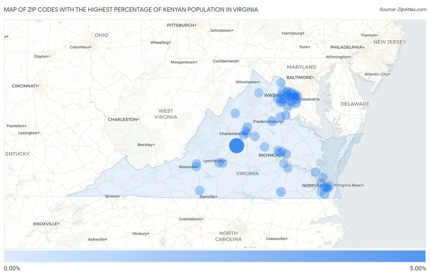 Zip Codes with the Highest Percentage of Kenyan Population in Virginia Map
