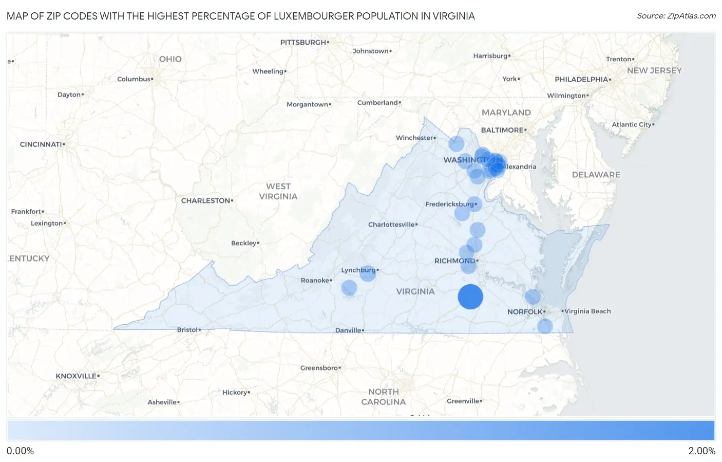 Zip Codes with the Highest Percentage of Luxembourger Population in Virginia Map