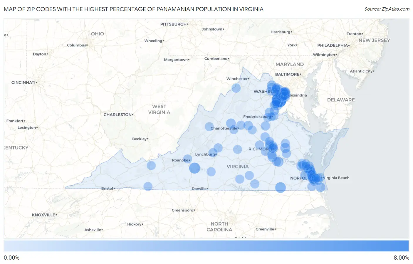 Zip Codes with the Highest Percentage of Panamanian Population in Virginia Map