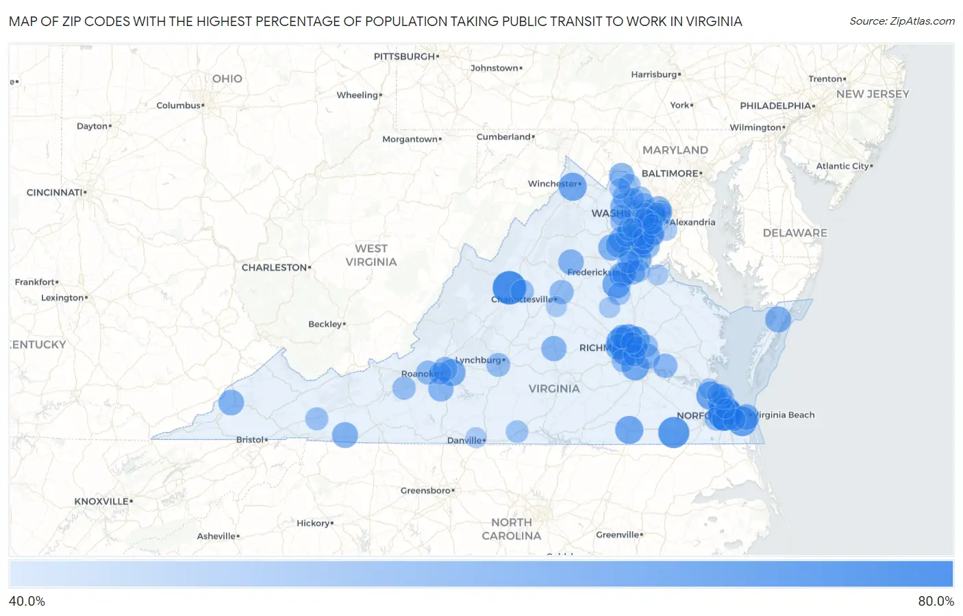 Zip Codes with the Highest Percentage of Population Taking Public Transit to Work in Virginia Map