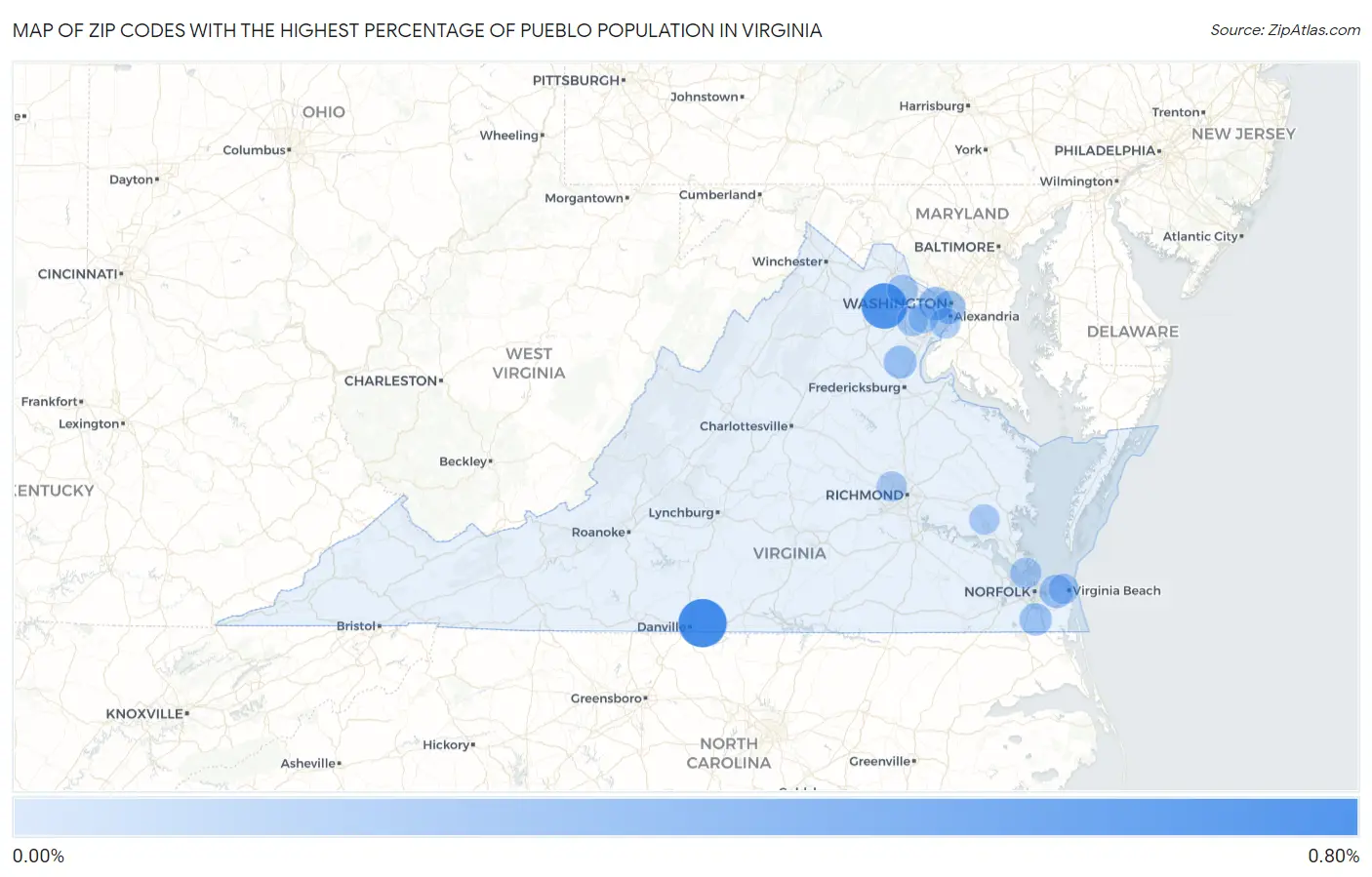 Zip Codes with the Highest Percentage of Pueblo Population in Virginia Map