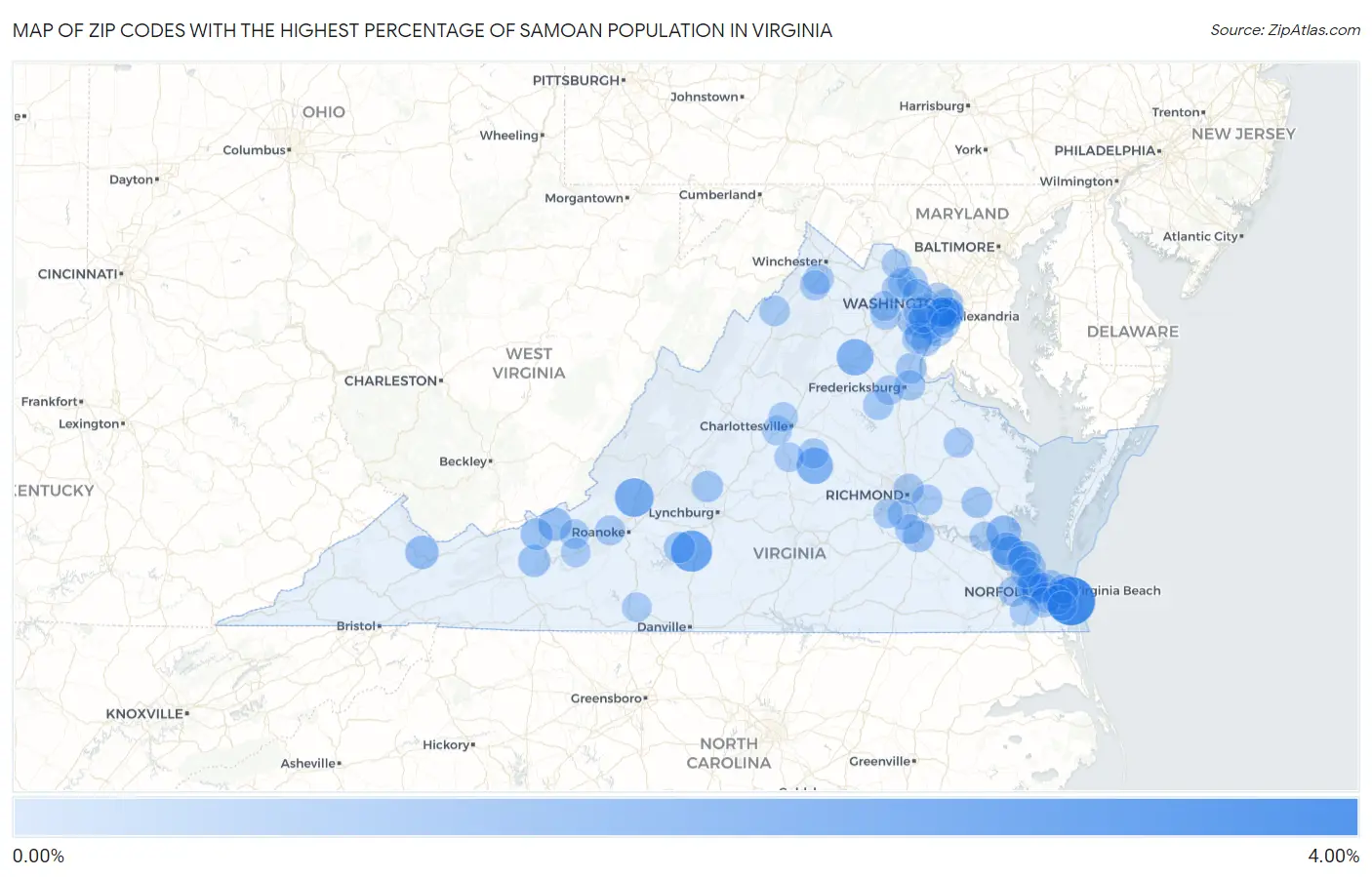Zip Codes with the Highest Percentage of Samoan Population in Virginia Map