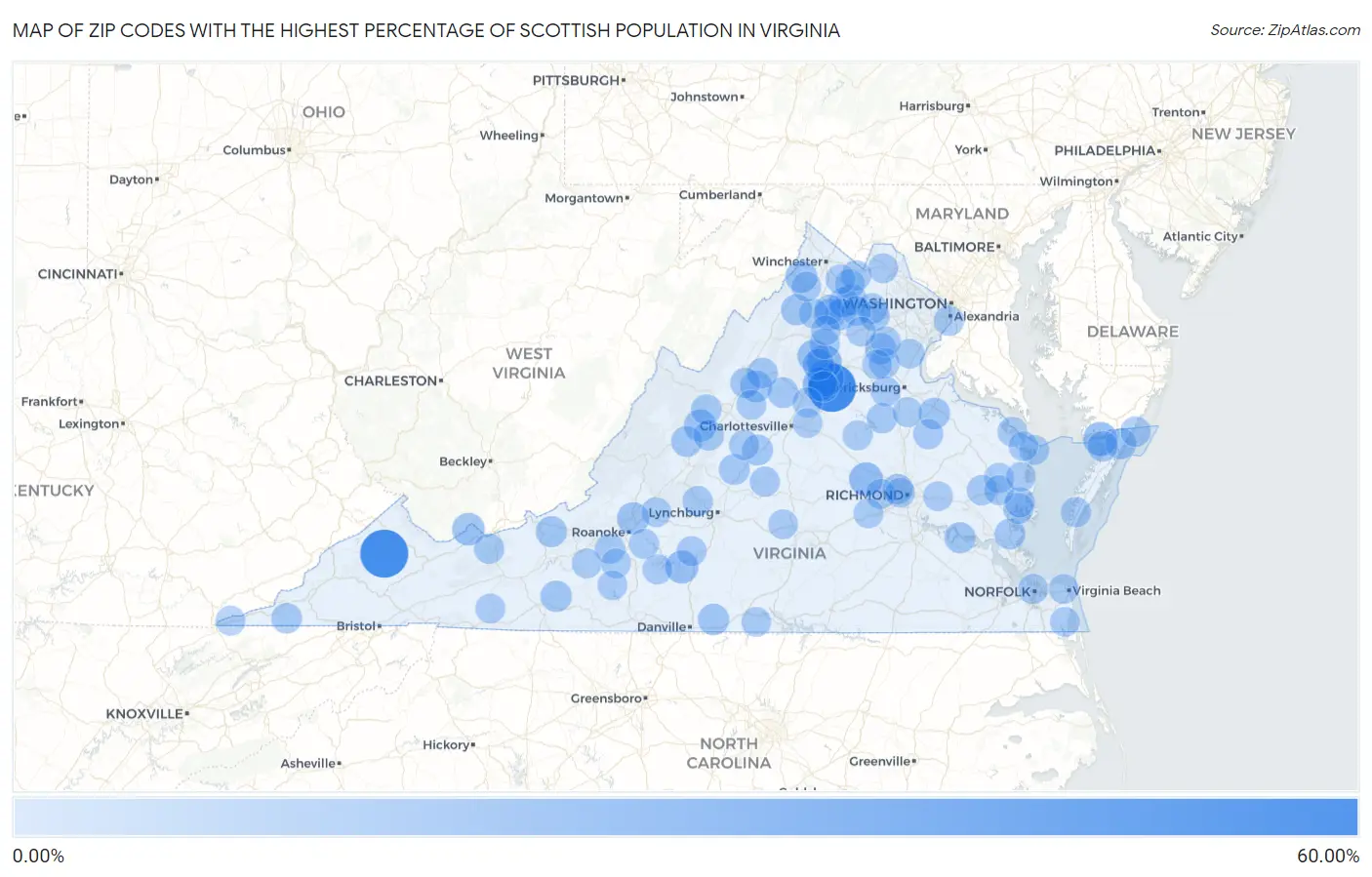 Zip Codes with the Highest Percentage of Scottish Population in Virginia Map