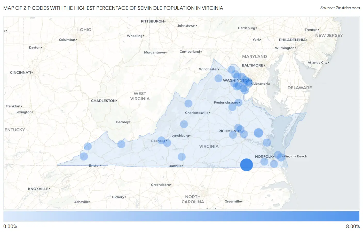 Zip Codes with the Highest Percentage of Seminole Population in Virginia Map