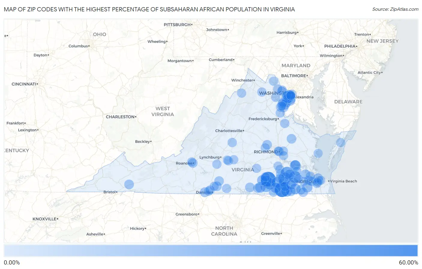 Zip Codes with the Highest Percentage of Subsaharan African Population in Virginia Map