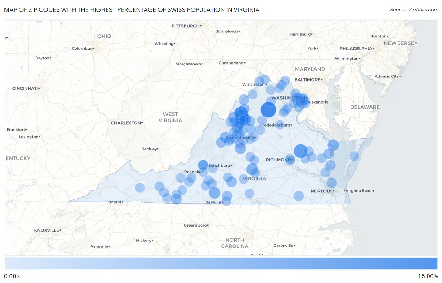 Zip Codes with the Highest Percentage of Swiss Population in Virginia Map