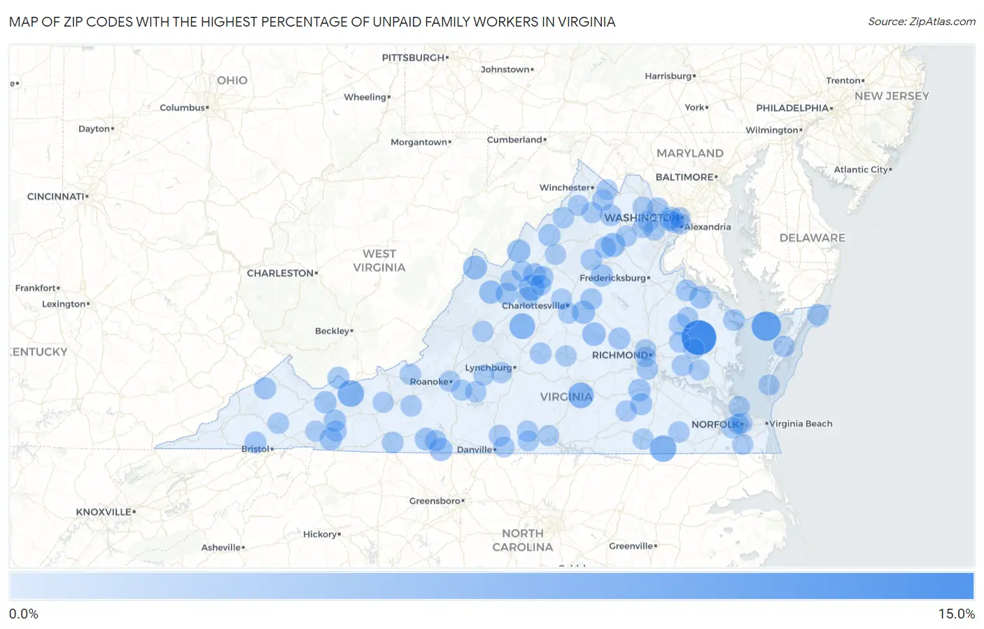Zip Codes with the Highest Percentage of Unpaid Family Workers in Virginia Map