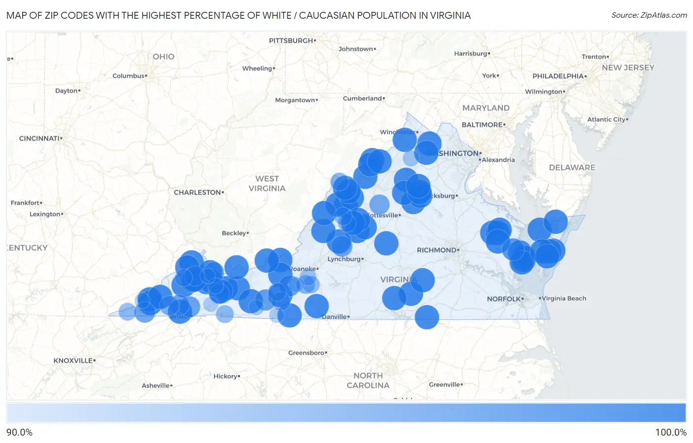 Zip Codes with the Highest Percentage of White / Caucasian Population in Virginia Map