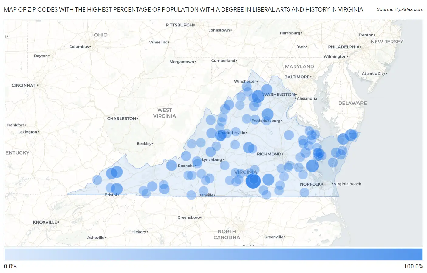 Zip Codes with the Highest Percentage of Population with a Degree in Liberal Arts and History in Virginia Map