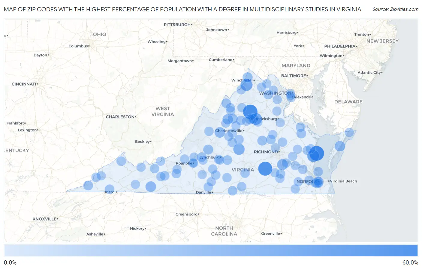 Zip Codes with the Highest Percentage of Population with a Degree in Multidisciplinary Studies in Virginia Map