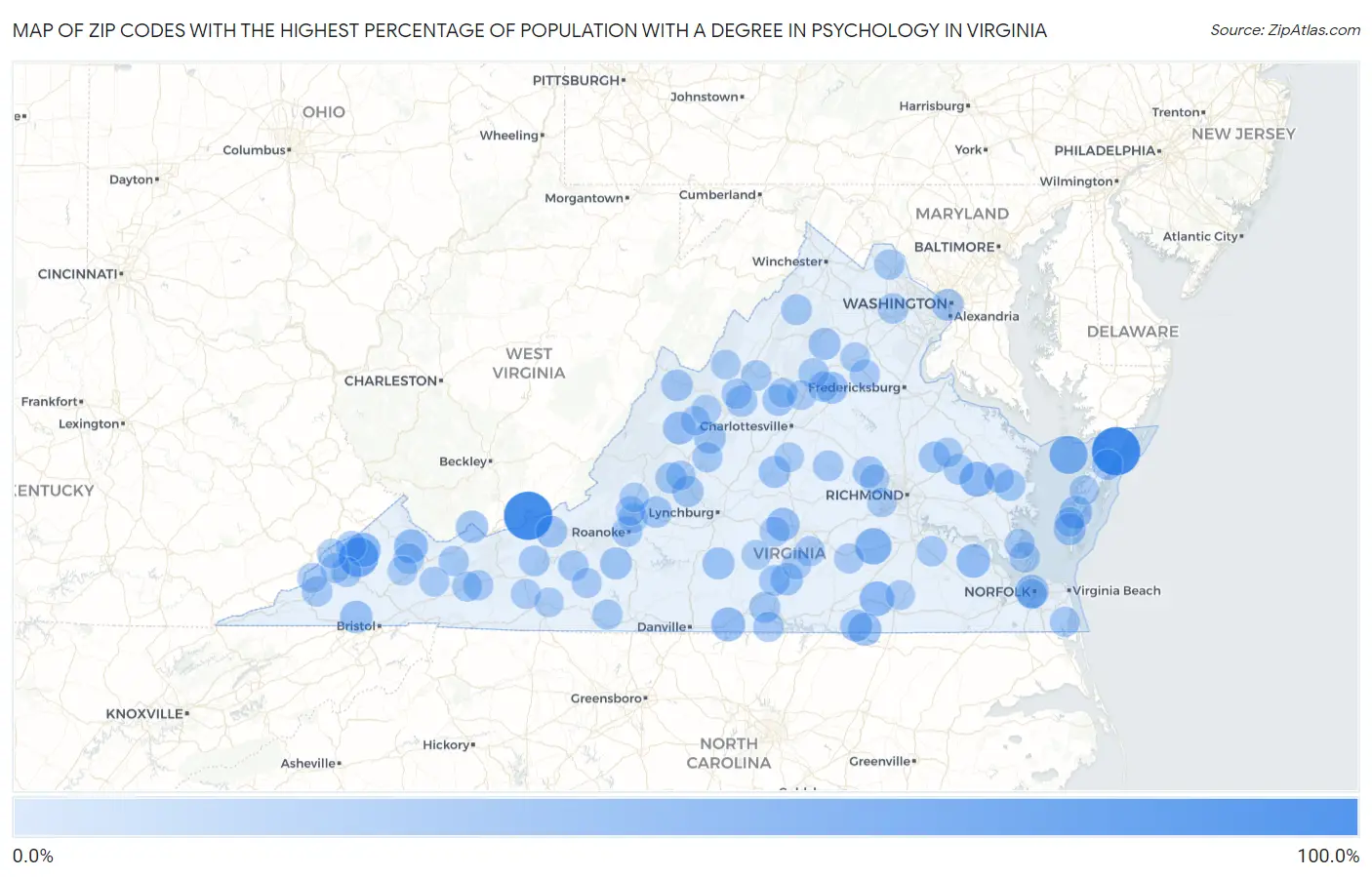 Zip Codes with the Highest Percentage of Population with a Degree in Psychology in Virginia Map