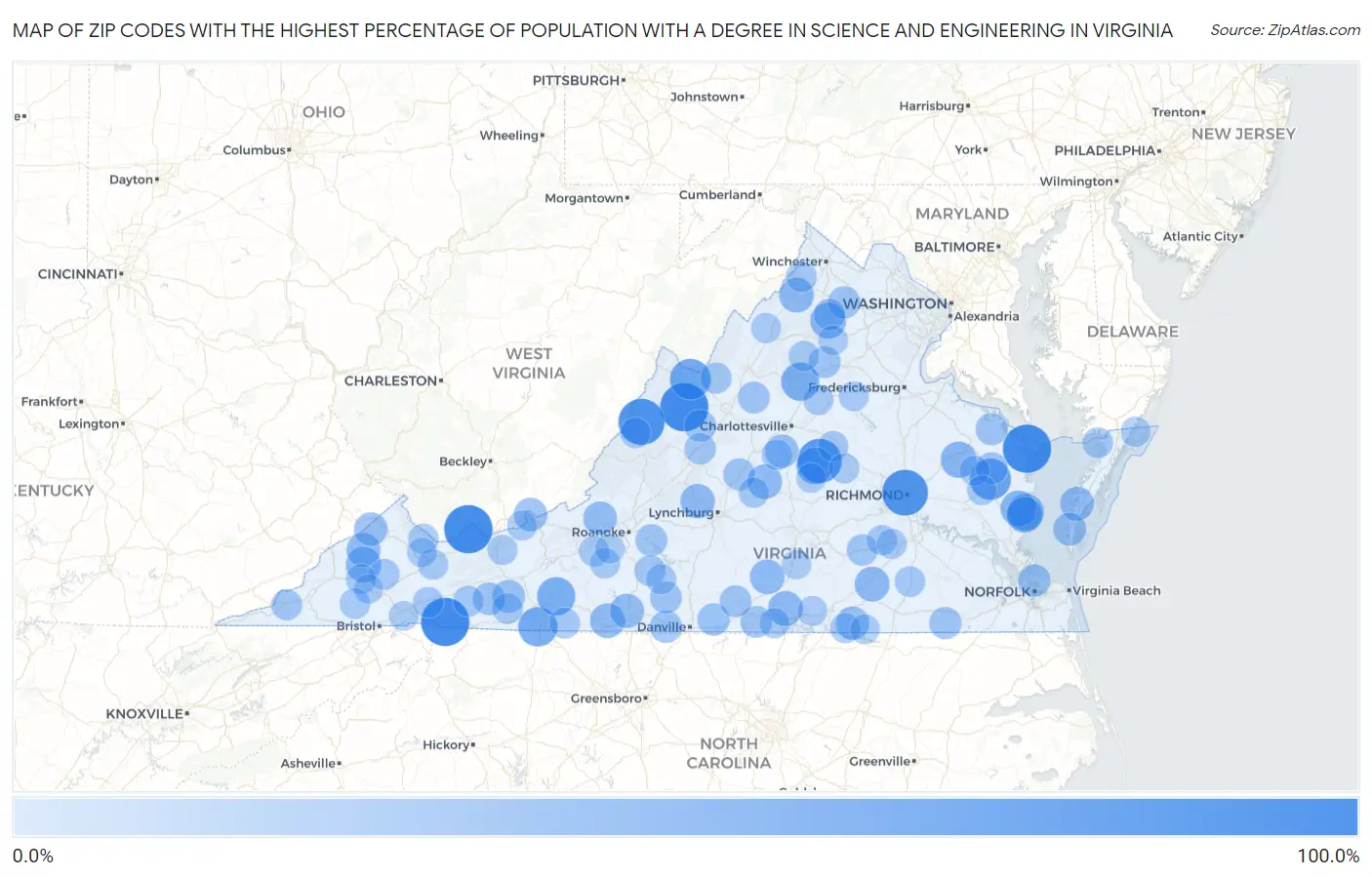 Zip Codes with the Highest Percentage of Population with a Degree in Science and Engineering in Virginia Map