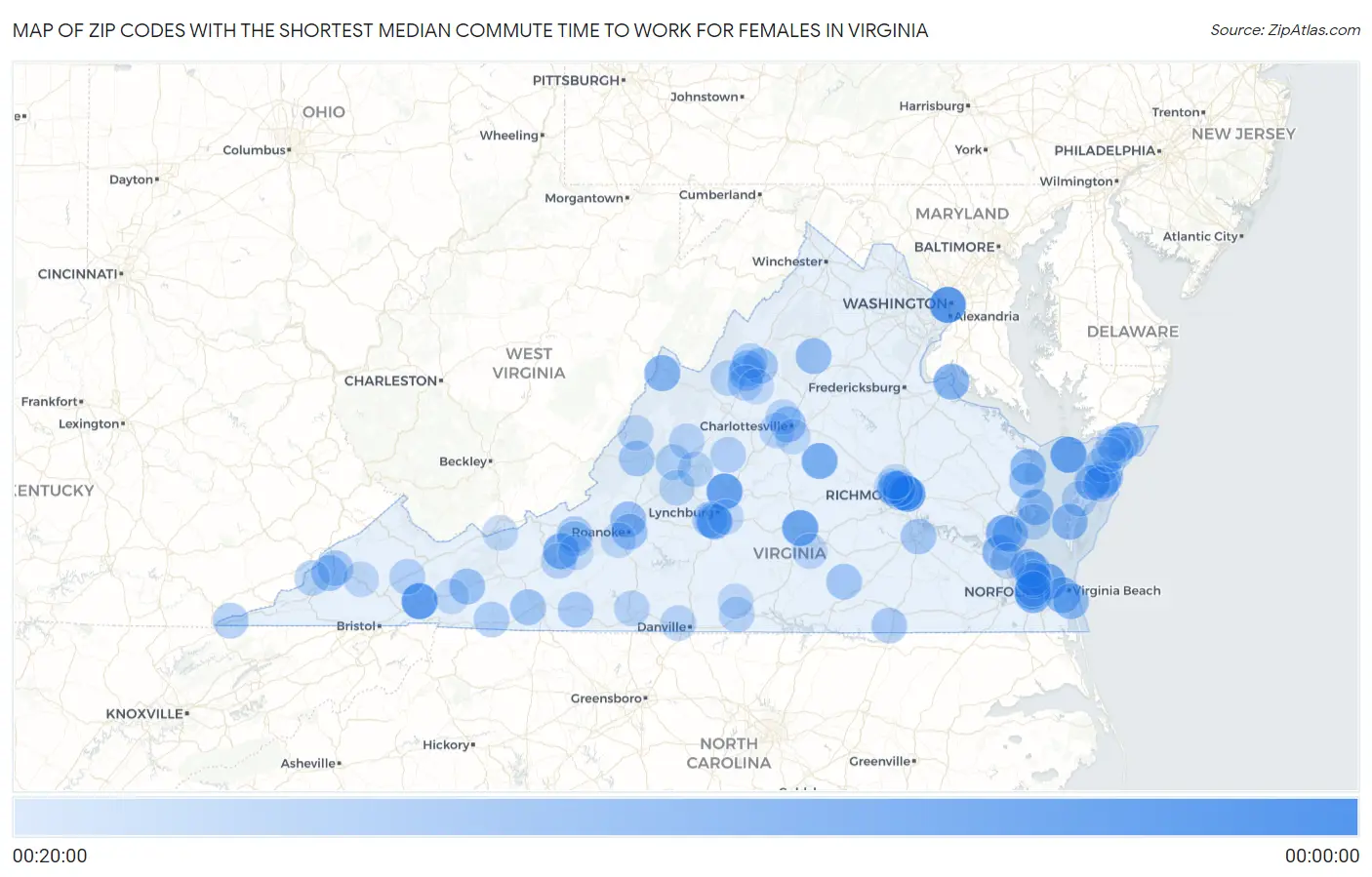 Zip Codes with the Shortest Median Commute Time to Work for Females in Virginia Map