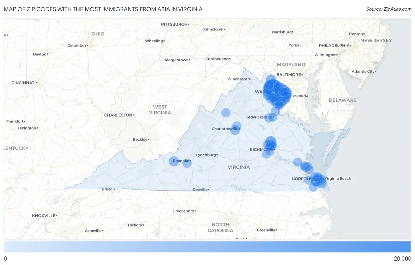 Zip Codes with the Most Immigrants from Asia in Virginia Map