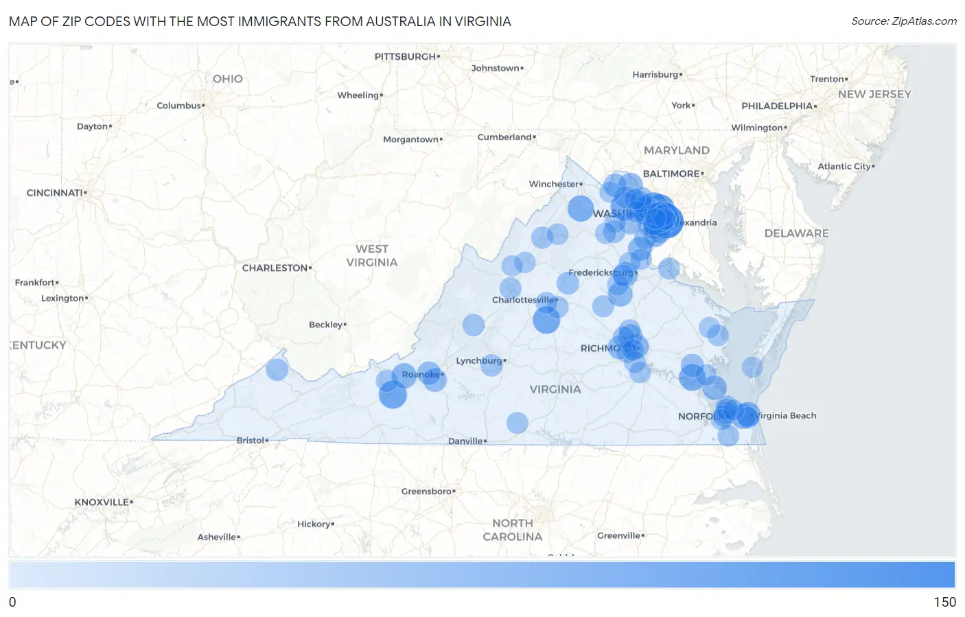 Zip Codes with the Most Immigrants from Australia in Virginia Map