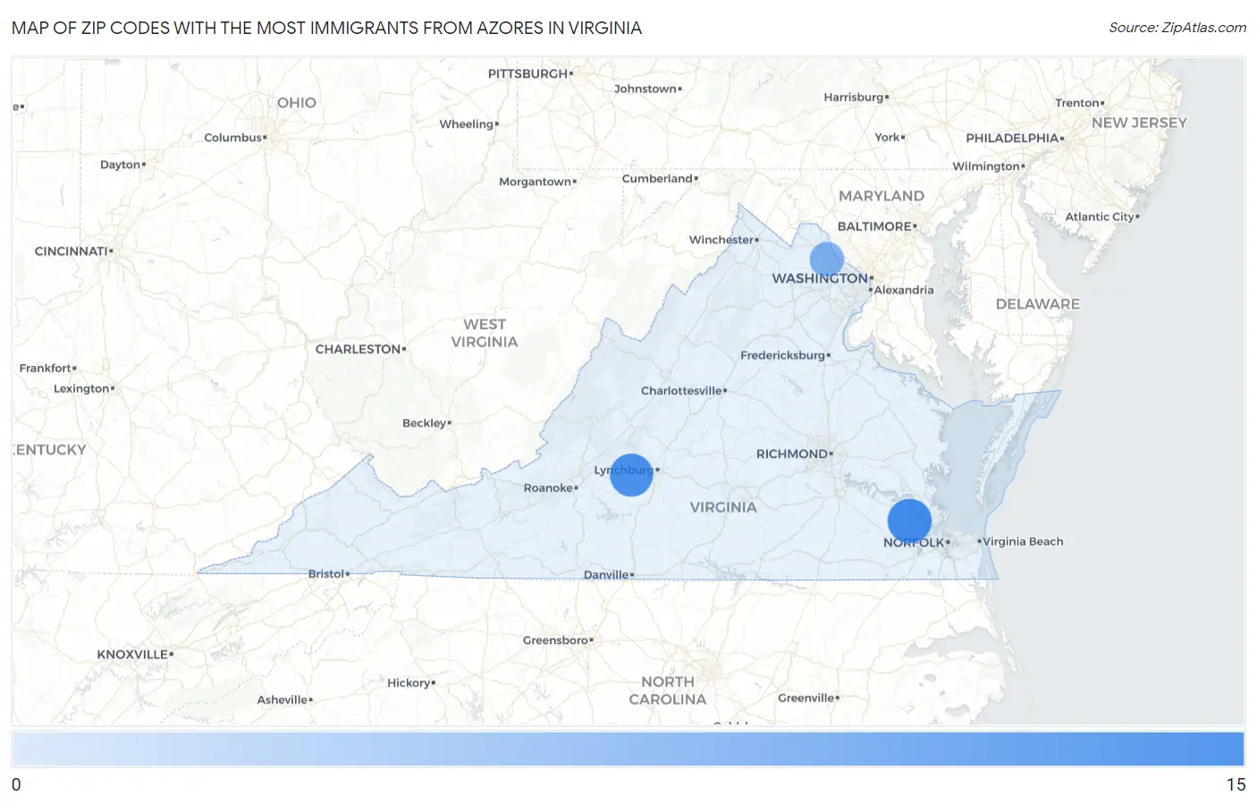 Zip Codes with the Most Immigrants from Azores in Virginia Map