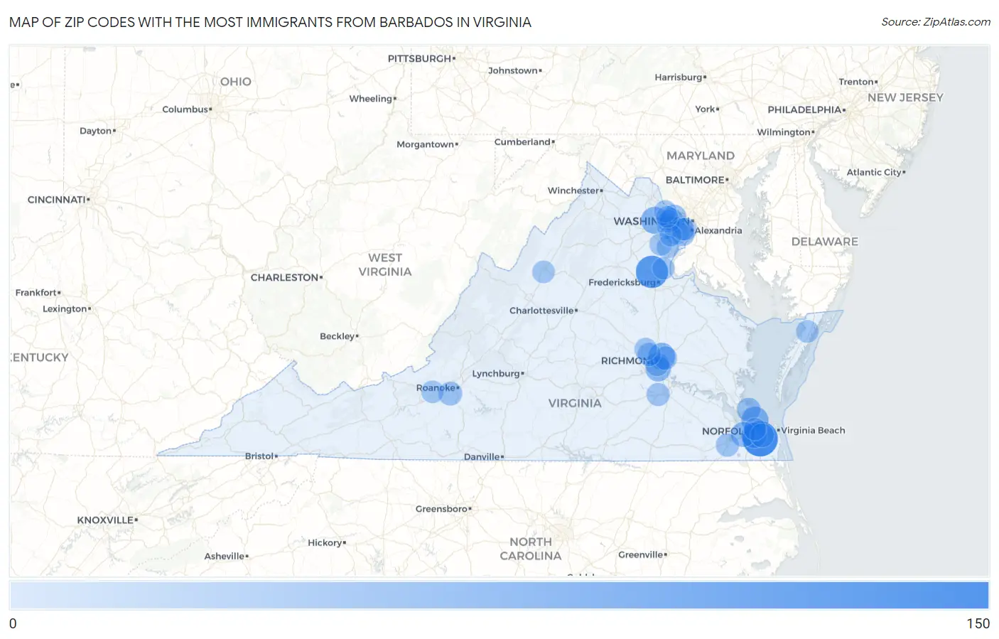 Zip Codes with the Most Immigrants from Barbados in Virginia Map