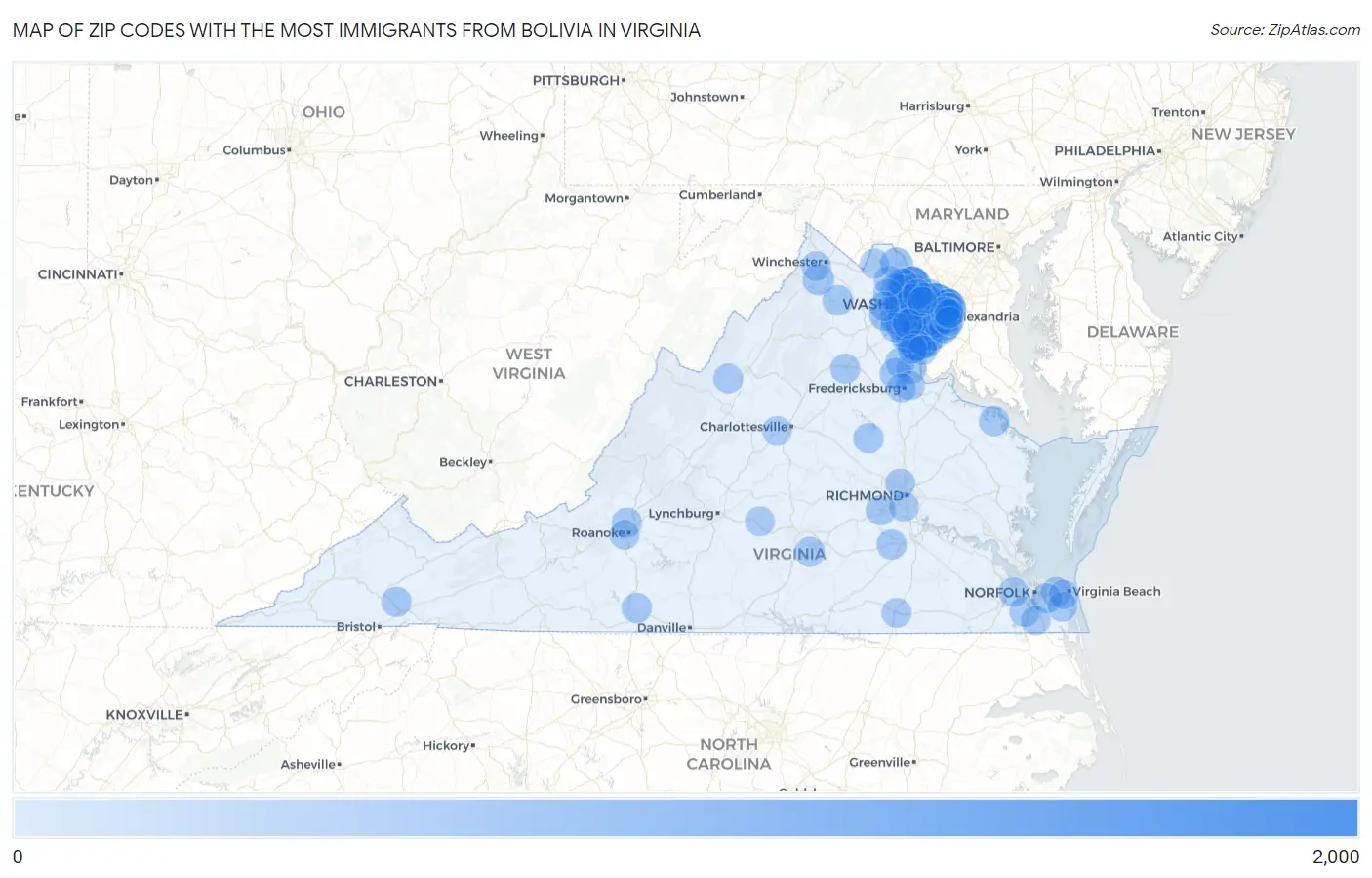 Zip Codes with the Most Immigrants from Bolivia in Virginia Map