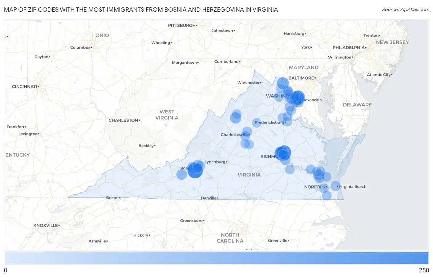 Zip Codes with the Most Immigrants from Bosnia and Herzegovina in Virginia Map