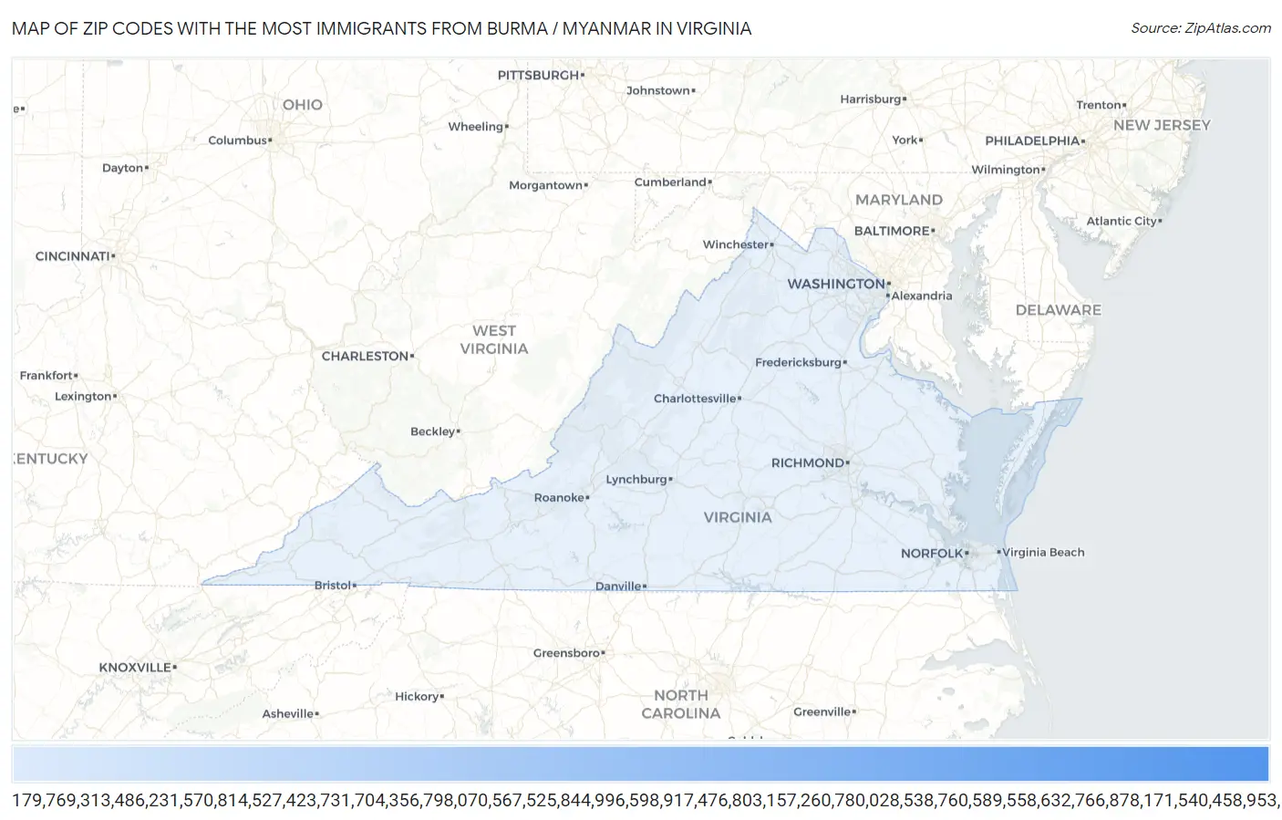 Zip Codes with the Most Immigrants from Burma / Myanmar in Virginia Map