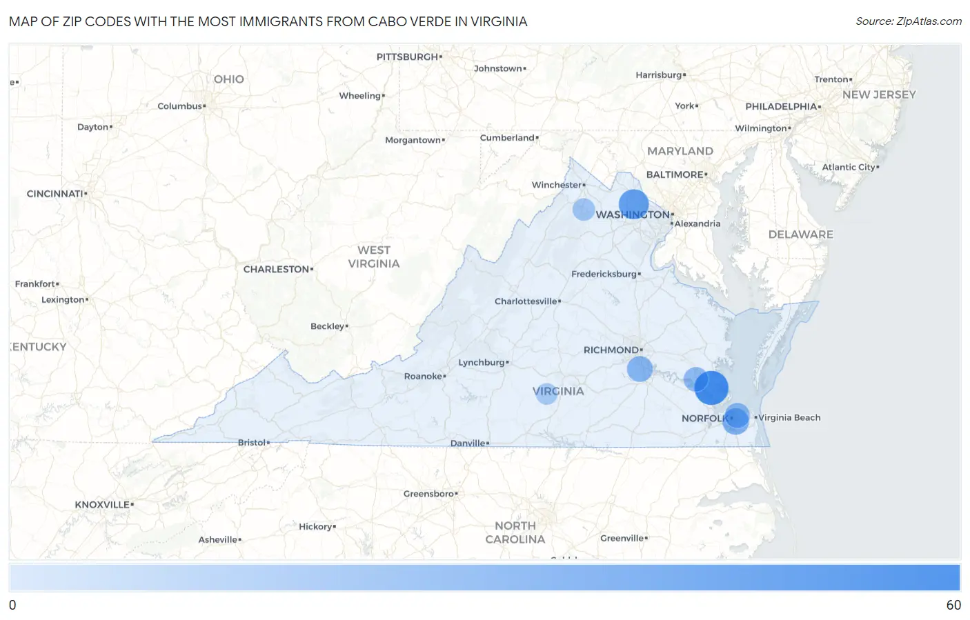 Zip Codes with the Most Immigrants from Cabo Verde in Virginia Map