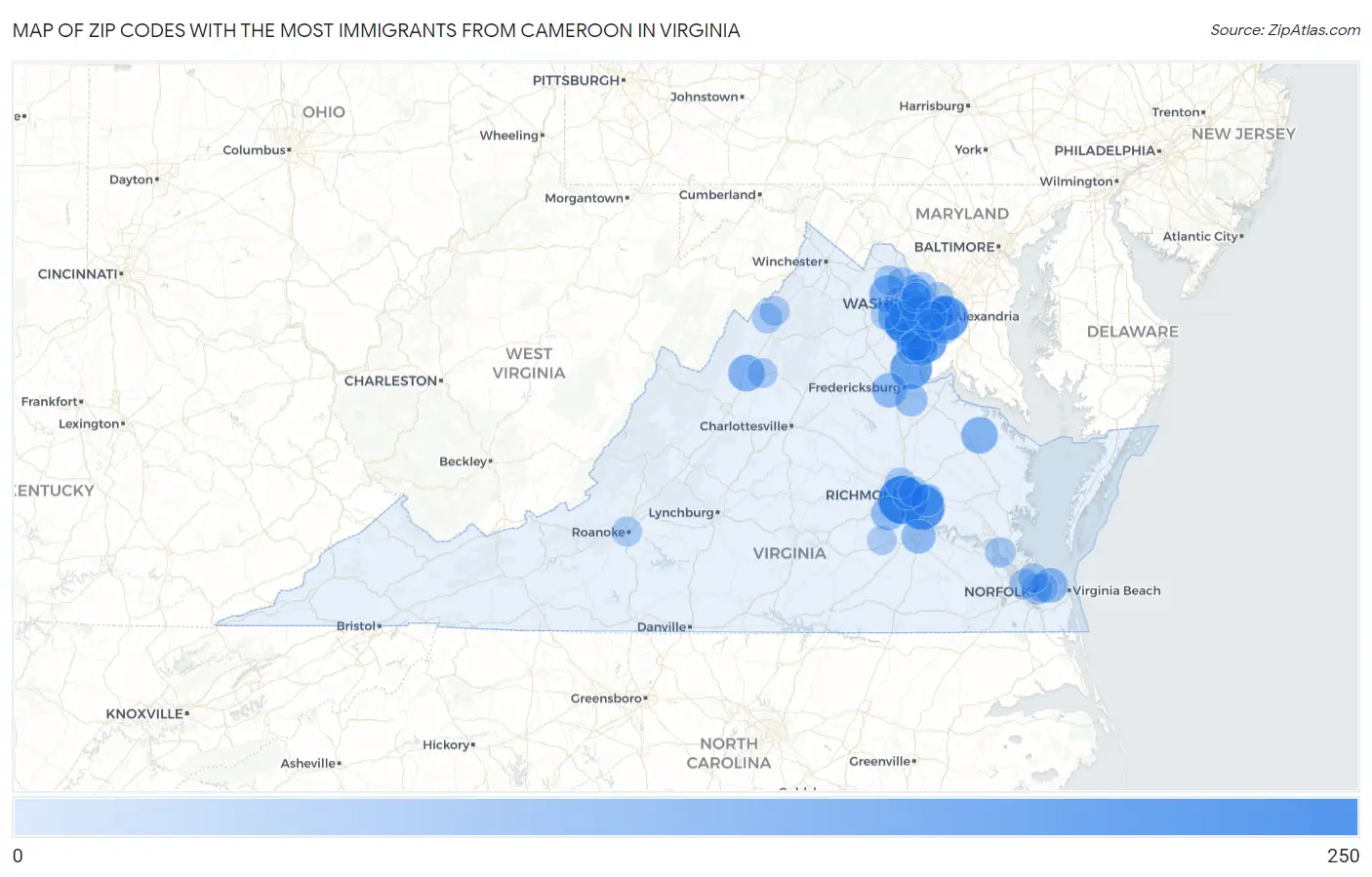 Zip Codes with the Most Immigrants from Cameroon in Virginia Map