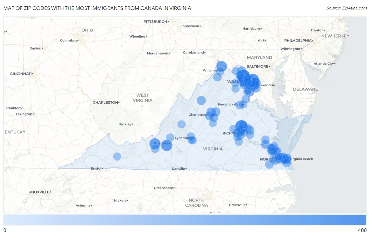 Zip Codes with the Most Immigrants from Canada in Virginia Map