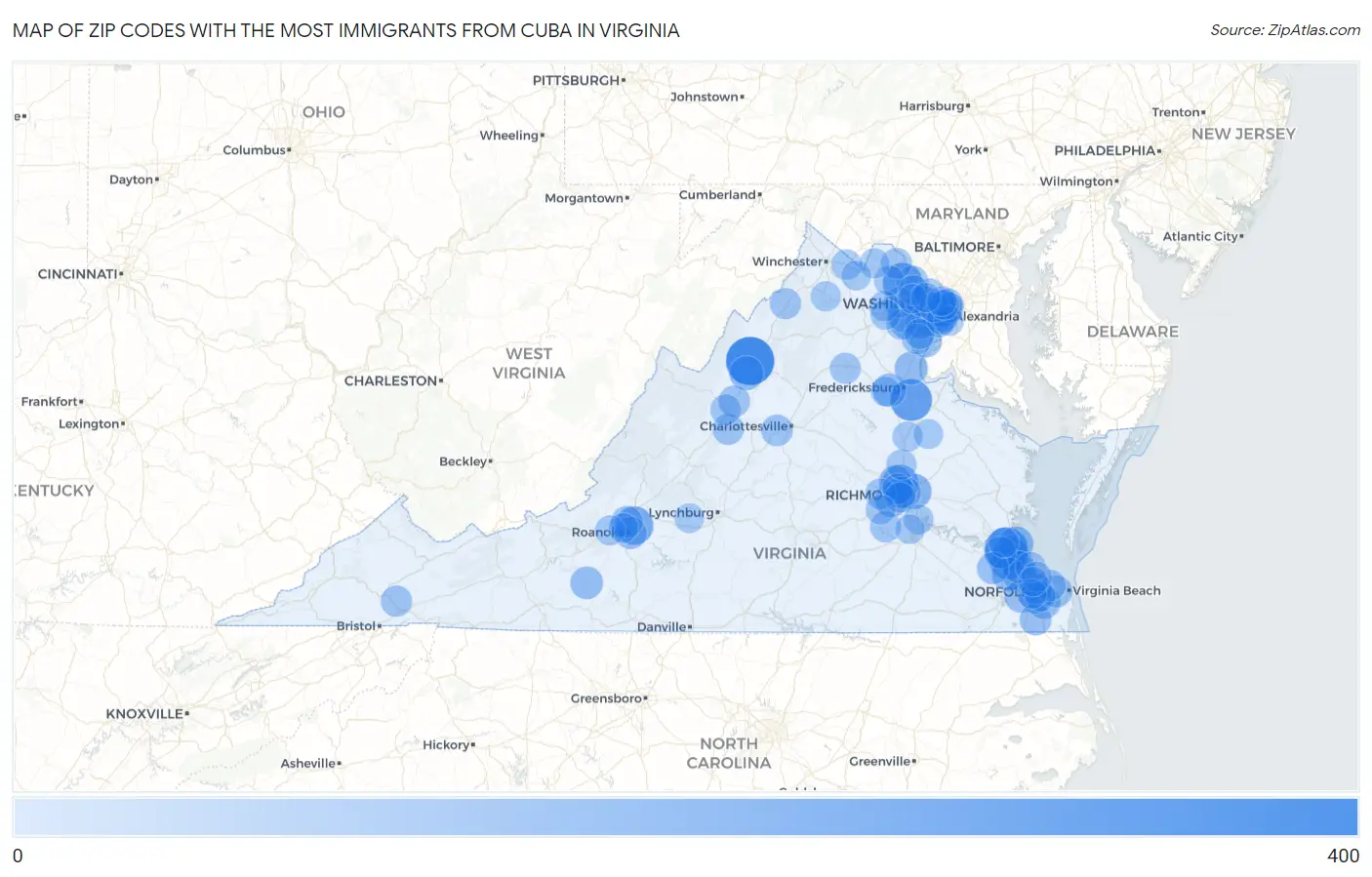 Zip Codes with the Most Immigrants from Cuba in Virginia Map