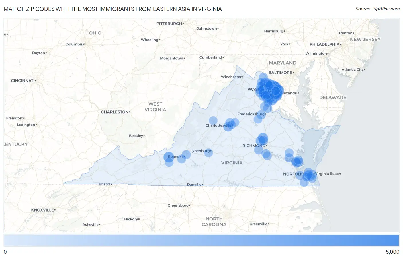 Zip Codes with the Most Immigrants from Eastern Asia in Virginia Map