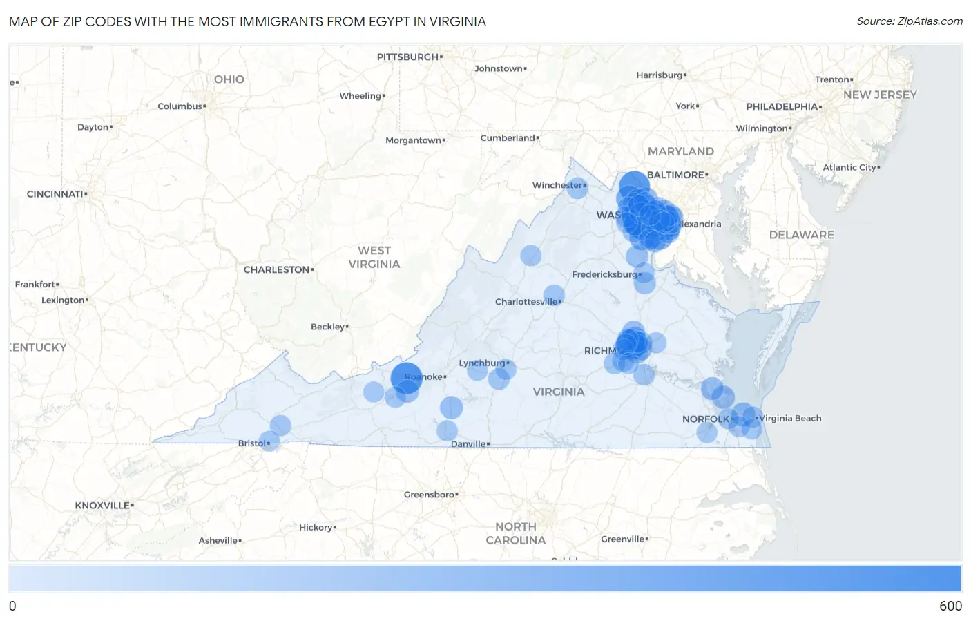 Zip Codes with the Most Immigrants from Egypt in Virginia Map